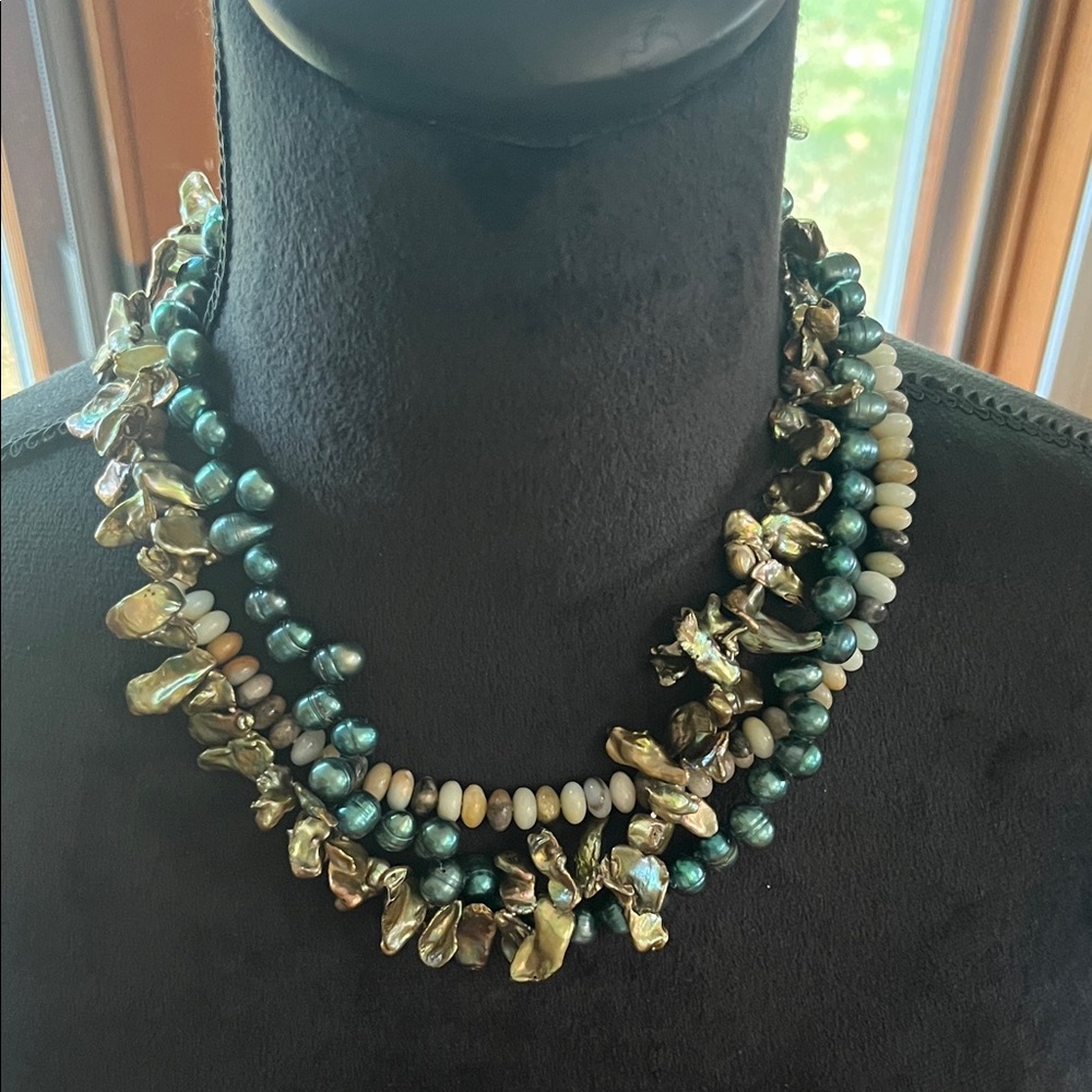 Multi strand pearl, abalone, and gemstone necklace, EUC